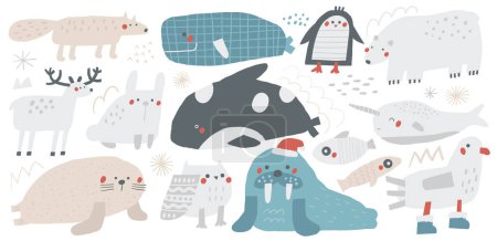 Ilustración de Animales árticos polares del norte. Lindas criaturas de invierno dibujadas a mano, búho polar, oso blanco, foca, gaviota, narval, ballena, pingüino, ciervo, zorro, conejo morsa orca personajes divertidos iconos para niños - Imagen libre de derechos