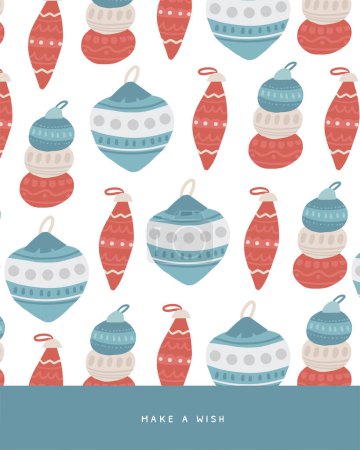 Illustration for Cute winter Christmas New Year postcard with cute hand drawn doodle glass toys, garlands for Christmas fir tree. Cold winter season cover, template, banner, poster, print. Holiday seasonal background - Royalty Free Image