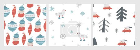 Illustration for Cute winter Christmas New Year seamless patterns set. Funny hand drawn doodle repeatable pattern with seagull, toy, garland, tree, fur tree, car, snowflake. Noel, polar, arctic theme background - Royalty Free Image