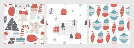 Illustration for Cute winter Christmas New Year seamless patterns set. Funny hand drawn doodle repeatable pattern with house, home, forest, toy, garland, santa, bell, cookie, sock. Noel, polar, arctic theme background - Royalty Free Image