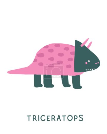 Illustration for Jurassic period dinosaur flashcard. Learning English words for kids. Cute hand drawn doodle educational card with triceratops dino. Preschool learning material. Funny extinct animal card for print - Royalty Free Image