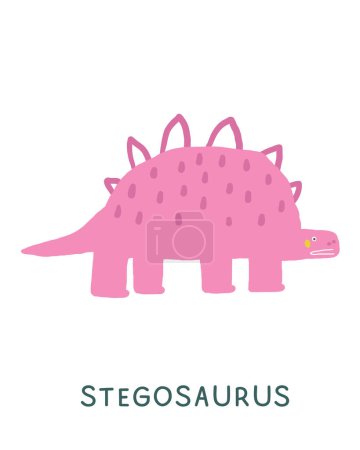 Illustration for Jurassic period dinosaur flashcard. Learning English words for kids. Cute hand drawn doodle educational card with stegosaurus dino. Preschool learning material. Funny extinct animal card for print - Royalty Free Image