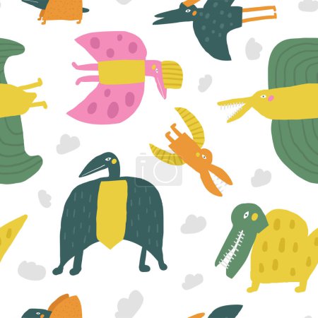 Illustration for Cute dinosaur theme seamless pattern. Funny hand drawn doodle repeatable pattern with flying dinos, pterodactyl. Jurassic period, era background with extinct animals - Royalty Free Image