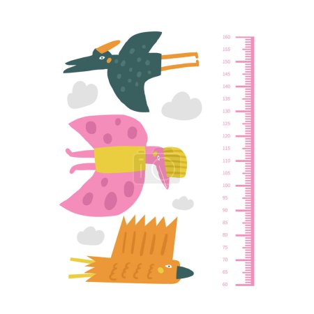 Téléchargez les illustrations : Mesure de la hauteur des enfants dinosaures, centimètre, graphique avec dino mouche, ptérodactyle - en licence libre de droit