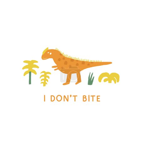 Illustration for Cute dinosaur postcard with funny hand drawn doodle flying dino, plants, palm, pterodactyl. Jurassic era cover, template, banner, poster, print. Extinct animal background for kids - Royalty Free Image