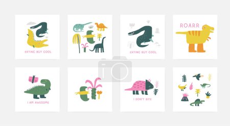 Ilustración de Conjunto de postales Dino con lindo dinosaurio garabato dibujado a mano, plantas, palma, mosasaurios, triceratops, pterodáctilo. Portada de la era jurásica, plantilla, pancarta, póster, imprimir - Imagen libre de derechos