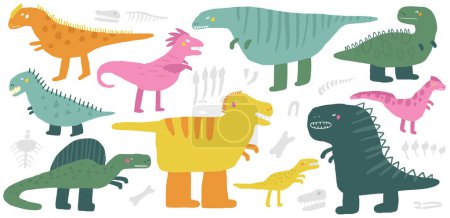 Ilustración de Dinosaurios carnívoros listos. Lindo dibujado a mano doodle dinos colección, Tarbosaurus, Tyrannosaurus, Giganotosaurus, Spinosaurus, Velociraptor, t rex. Extinto carne comer criaturas clipart para niños - Imagen libre de derechos
