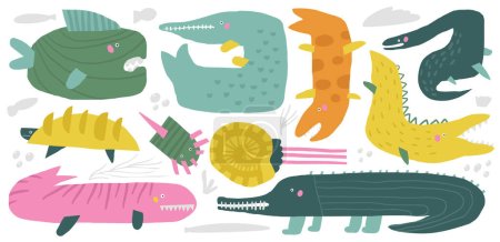 Illustration for Underwater dinosaurs set. Cute hand drawn doodle dinos collection, turtle, Mosasaurs, fish, ichthyosaurus, Plesiosaurus, ancient crocodile, nautilus shell. Extinct creatures clipart for kids - Royalty Free Image