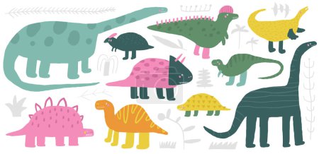 Ilustración de Dinosaurios listos. Colección de dinosaurios herbívoros garabatos dibujados a mano lindos, Stegosaurus, Triceratops, Diplodocus, Iguanodon, brachiosaurus. Planta de la era jurásica comiendo animales para niños - Imagen libre de derechos