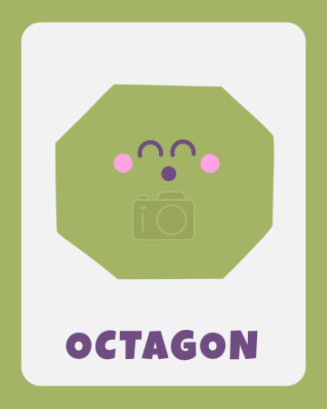 Illustration for Learn shapes flashcard. Learning English words for kids. Cute hand drawn doodle educational card with octagon character. Preschool learning material - Royalty Free Image