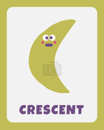 Illustration for Learn shapes flashcard. Learning English words for kids. Cute hand drawn doodle educational card with crescent character. Preschool learning material - Royalty Free Image