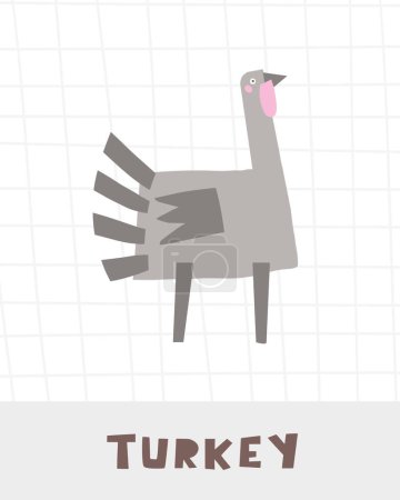 Illustration for Learn farm animals flashcard. Learning English words for kids. Cute hand drawn doodle educational card with turkey character. Preschool learning material - Royalty Free Image