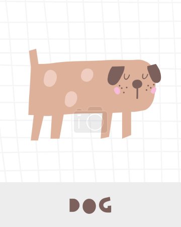 Ilustración de Aprender animales de granja flashcard. Aprender palabras en inglés para niños. Lindo dibujado a mano doodle tarjeta educativa con carácter de perro. Material de aprendizaje preescolar - Imagen libre de derechos