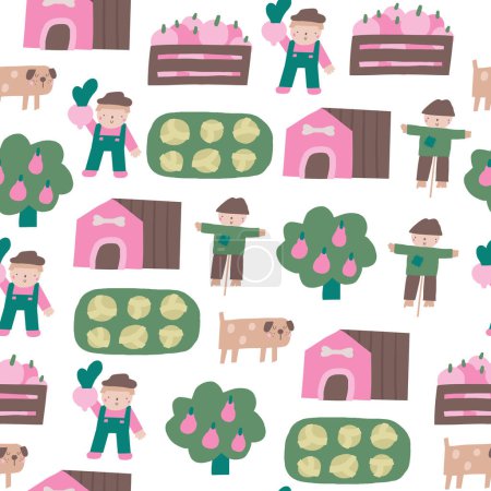 Illustration for Cute farm, village, countryside theme seamless pattern. Funny hand drawn doodle repeatable pattern with scarecrow, garden bed, farmer, dog. Rural life background with farm animals - Royalty Free Image