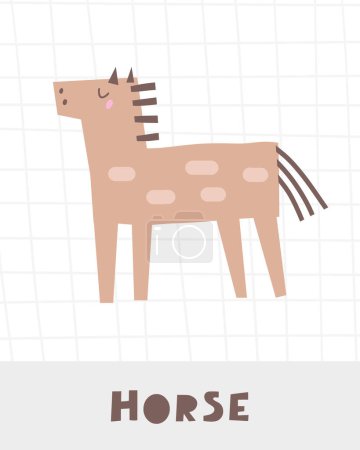 Lernen Sie Nutztiere Karteikarte. Englische Wörter für Kinder lernen. Niedliche handgezeichnete Doodle-Bildungskarte mit Pferdecharakter. Lernmaterial für Vorschulkinder