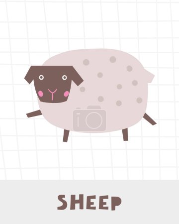 Illustration for Learn farm animals flashcard. Learning English words for kids. Cute hand drawn doodle educational card with sheep character. Preschool learning material - Royalty Free Image