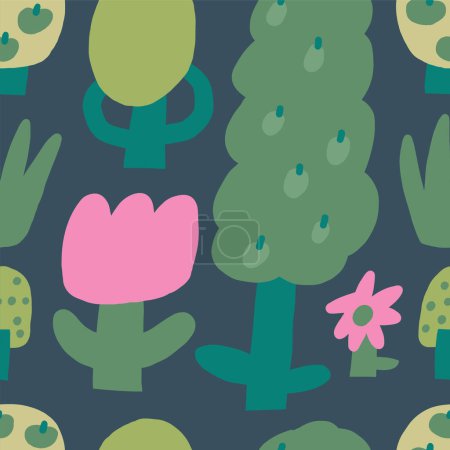 Illustration for Cute farm, village, countryside theme seamless pattern. Funny hand drawn doodle repeatable pattern with garden trees, flowers, plants. Rural life background with farm animals - Royalty Free Image