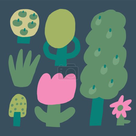 Composición de las plantas agrícolas. Lindo bosque de garabatos dibujado a mano, árboles frutales, jardín. Tarjeta, postal, estampado camiseta, cubierta, póster con flora divertida para niños, niños