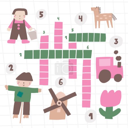 Illustration for Crossword game for kids. Cute hand drawn doodle funny village, ranch, rural puzzle with farmer, scarecrow, mill, horse. Educational worksheet, mind task, riddle, strategy quiz, mental teaser, challenge, brain trainer for children - Royalty Free Image