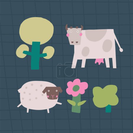 Illustration for Farm animal composition. Cute hand drawn doodle cow, tree, sheep, flower, plants. Card, postcard, t shirt print, cover, poster with funny animal for kid, children - Royalty Free Image
