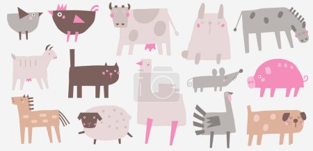 Granja, animales rurales, animales domésticos. Gato garabato dibujado a mano lindo, cabra, burro, conejo, vaca, pollo, perro, ganso, pavo, cerdo, oveja, ratón de cabra burro de caballo