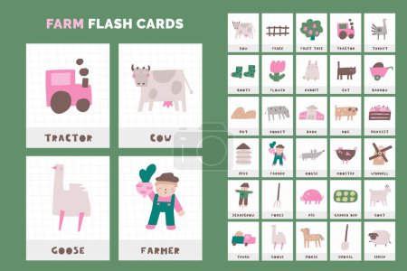 Learn farm animals, objects flashcards set. Learning English words for kids. Cute hand drawn doodle educational card with cow, farmer, tractor, goose, horse, windmill. Preschool learning material