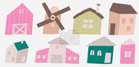 Illustration for Farm, rural objects, clip art set. Cute hand drawn doodle village houses, homes, buildings, windmill, barn, architecture. Items, icons in children style for kids - Royalty Free Image