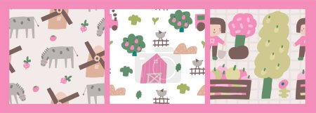 Illustration for Cute farm, village, countryside theme seamless patterns set. Funny hand drawn doodle repeatable pattern with farmer, donkey, fruit tree, barn, apple. Rural life background with farm animals - Royalty Free Image