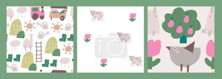 Illustration for Cute farm, village, countryside theme seamless patterns set. Funny hand drawn doodle repeatable pattern with bird, fruit tree, flower, rabbit, bunny, cow, goose. Rural life background with farm animals - Royalty Free Image
