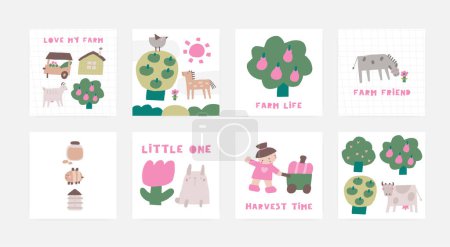Illustration for Farm animals, objects compositions set. Cute hand drawn doodle sweet horse, farmer girl, fruit trees, bee, goat, rabbit, donkey. Card, postcard, t shirt print, cover, poster with funny animal for kid, children - Royalty Free Image
