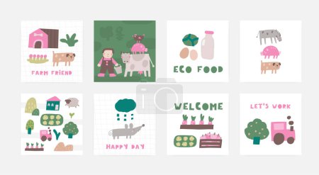 Illustration for Farm animals, objects compositions set. Cute hand drawn doodle sweet donkey, pig, dog, mouse, tractor, house, barnyard, garden bed, vegetables. Card, postcard, t shirt print poster with funny animal - Royalty Free Image