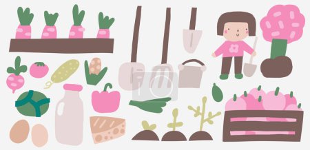 Illustration for Farm, rural objects, clip art set. Cute hand drawn doodle farmer, harvest, plants, milk, products, food, garden tools, fruits, cheese, eggs, seedling forks Items icons in children style for kids - Royalty Free Image