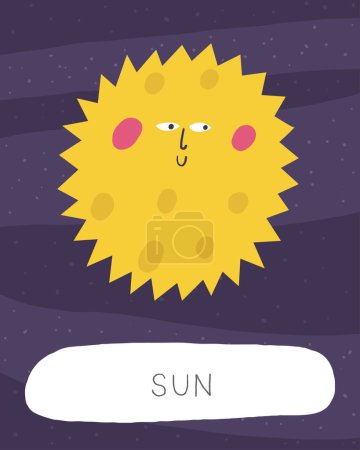 Learn space flashcard. Learning English words for kids. Cute hand drawn doodle educational card with sun star character. Preschool cosmos, universe learning material