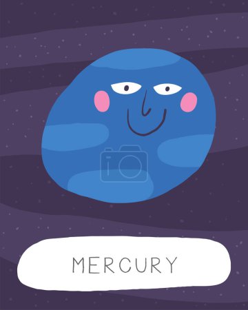 Learn space flashcard. Learning English words for kids. Cute hand drawn doodle educational card with cow mercury planet character. Preschool cosmos, universe learning material