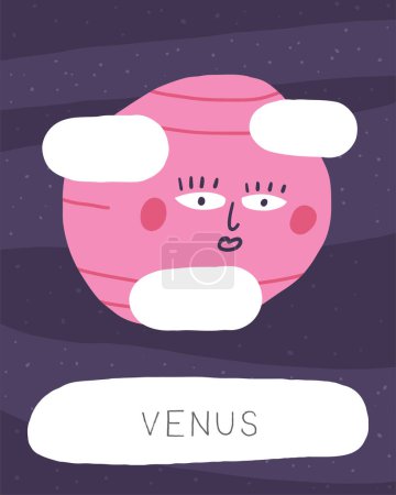 Learn space flashcard. Learning English words for kids. Cute hand drawn doodle educational card with venus planet character. Preschool cosmos, universe learning material