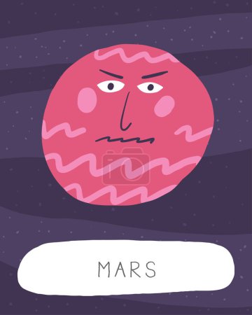 Lernen Sie Weltraum-Karteikarte. Englische Wörter für Kinder lernen. Niedliche handgezeichnete Doodle-Bildungskarte mit Mars-Planet-Charakter. Kosmos Vorschule, Universum Lernmaterial
