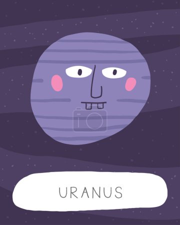 Learn space flashcard. Learning English words for kids. Cute hand drawn doodle educational card with uranus planet character. Preschool cosmos, universe learning material