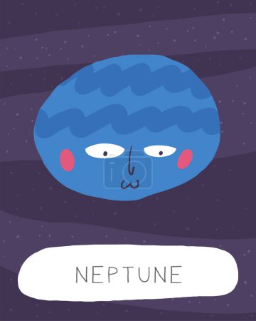 Lernen Sie Weltraum-Karteikarte. Englische Wörter für Kinder lernen. Niedliche handgezeichnete Doodle-Bildungskarte mit Neptune-Planetencharakter. Kosmos Vorschule, Universum Lernmaterial