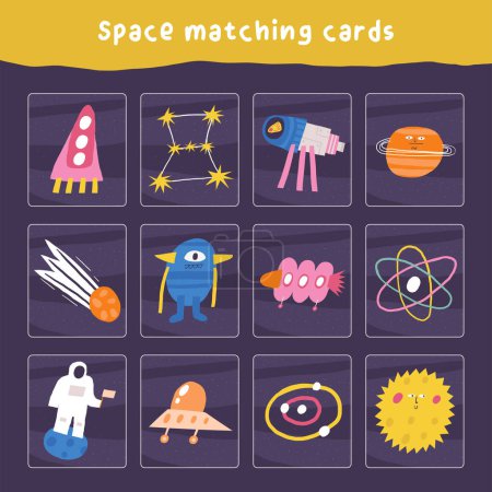 Apprendre le jeu spatial pour les enfants. Mignon cosmos dessiné à la main, univers, puzzle astronomique avec fusée, télescope, planète, extraterrestre, cosmonaute. Feuille de travail pédagogique, tâche mentale, énigme, entraîneur de cerveau pour les enfants