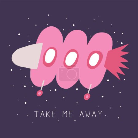 Illustration for Cute space postcard with funny hand drawn doodle aircraft, vehicle, spacecraft, galaxy, technology, spaceship, ufo. Cosmic, universe, night sky cover, template, banner, poster, print. Cartoon style take me away background for kids - Royalty Free Image