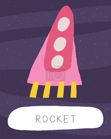 Learn space flashcard. Learning English words for kids. Cute hand drawn doodle educational card with rocket, aircraft, vehicle, spacecraft. Preschool cosmos, universe learning material