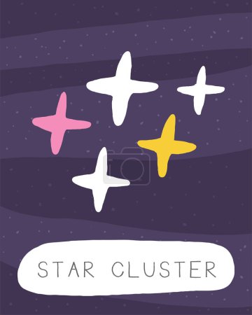 Learn space flashcard. Learning English words for kids. Cute hand drawn doodle educational card with star cluster. Preschool cosmos, universe learning material