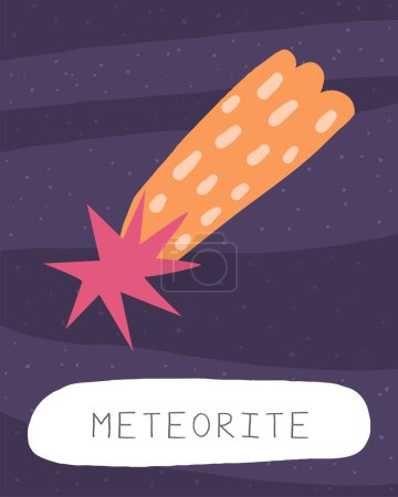 Lernen Sie Weltraum-Karteikarte. Englische Wörter für Kinder lernen. Niedliche handgezeichnete Doodle Bildungskarte mit Meteoriten. Kosmos Vorschule, Universum Lernmaterial
