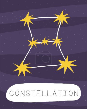 Learn space flashcard. Learning English words for kids. Cute hand drawn doodle educational card with constellation. Preschool cosmos, universe learning material