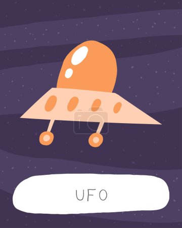 Learn space flashcard. Learning English words for kids. Cute hand drawn doodle educational card with ufo. Preschool cosmos, universe learning material
