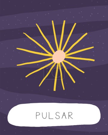 Illustration for Learn space flashcard. Learning English words for kids. Cute hand drawn doodle educational card with pulsar star. Preschool cosmos, universe learning material - Royalty Free Image