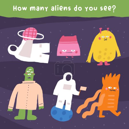 Illustration for Learn space game for kids. Cute hand drawn doodle funny cosmos, universe, astronomy puzzle with cosmonaut, aliens. Educational worksheet, mind task, riddle, strategy quiz, mental teaser, challenge, brain trainer for children - Royalty Free Image