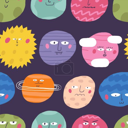 Illustration for Cute cosmos, space, universe seamless pattern. Funny hand drawn doodle repeatable pattern with solar system planets, sun, mercury, Venus, earth, mars, Jupiter, Saturn, Uranus, Neptune, Pluto Night sky theme background - Royalty Free Image