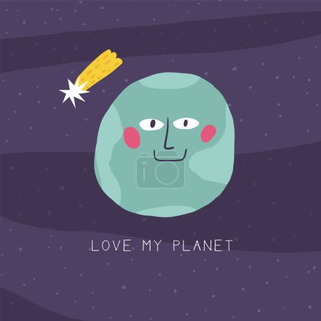 Illustration for Cute love my planet postcard with funny hand drawn doodle earth planet, falling star. Cosmic, universe, night sky cover, template, banner, poster, print. Cartoon style background, t shirt print composition for kids - Royalty Free Image