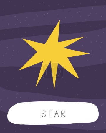 Learn space flashcard. Learning English words for kids. Cute hand drawn doodle educational card with star. Preschool cosmos, universe learning material